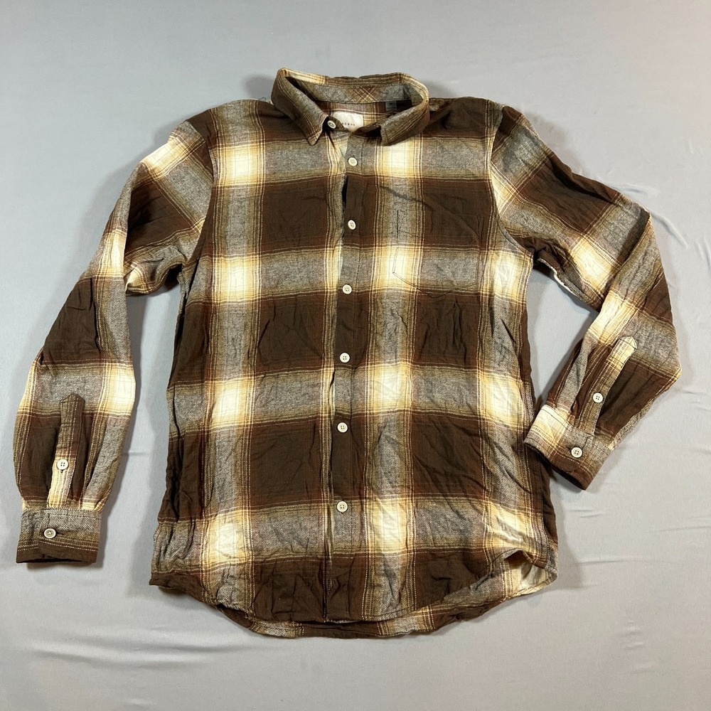 Pacsun Flannel Shirt Mens Medium Brown Beige Plaid Cotton Back Box Button Up